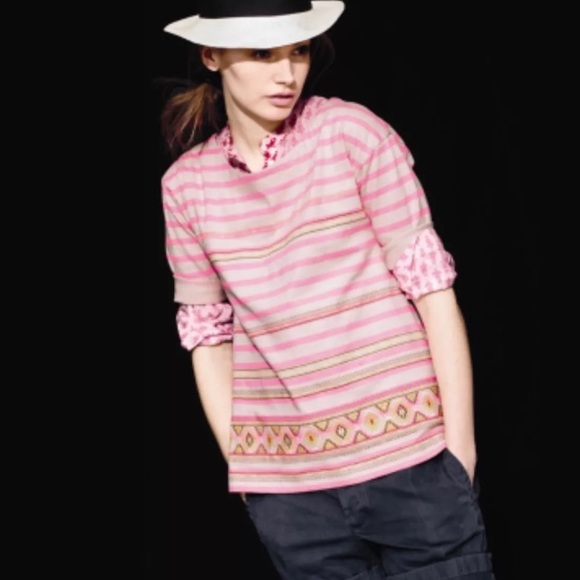 J. CREW Embroidered Stitchwork Striped Top Tee Shirt Blouse Neon Pink Orange - Picture 3 of 9
